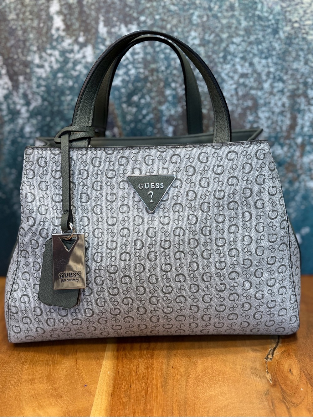 GUESS Monogram 2010s Gray/Olive Structured Satchel Bag‎ (VGUC)